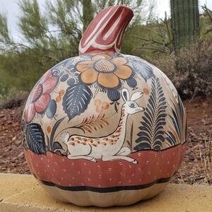 VTG RARE Tonala Pottery XL Pumpkin Mexican Folk Art‎ Deer Ocelot Birds Cactus